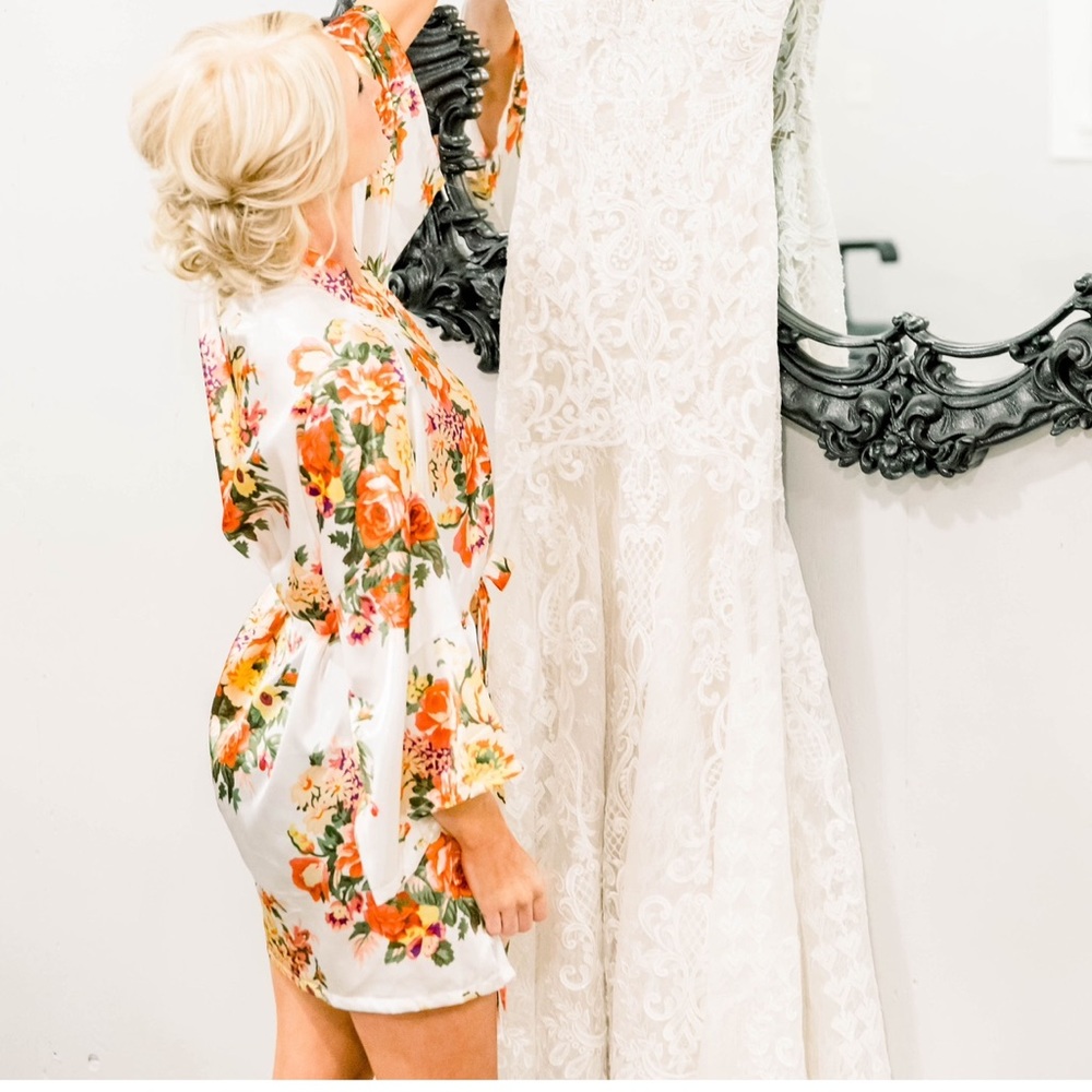 White & Floral Silky Wedding/Bride Robe S/M
